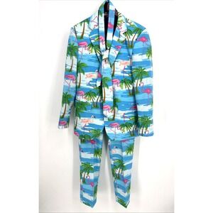 OppoSuits 3 Piece Suit Men's Jacket Tie Flamingo Tropical Blue Derby Travel